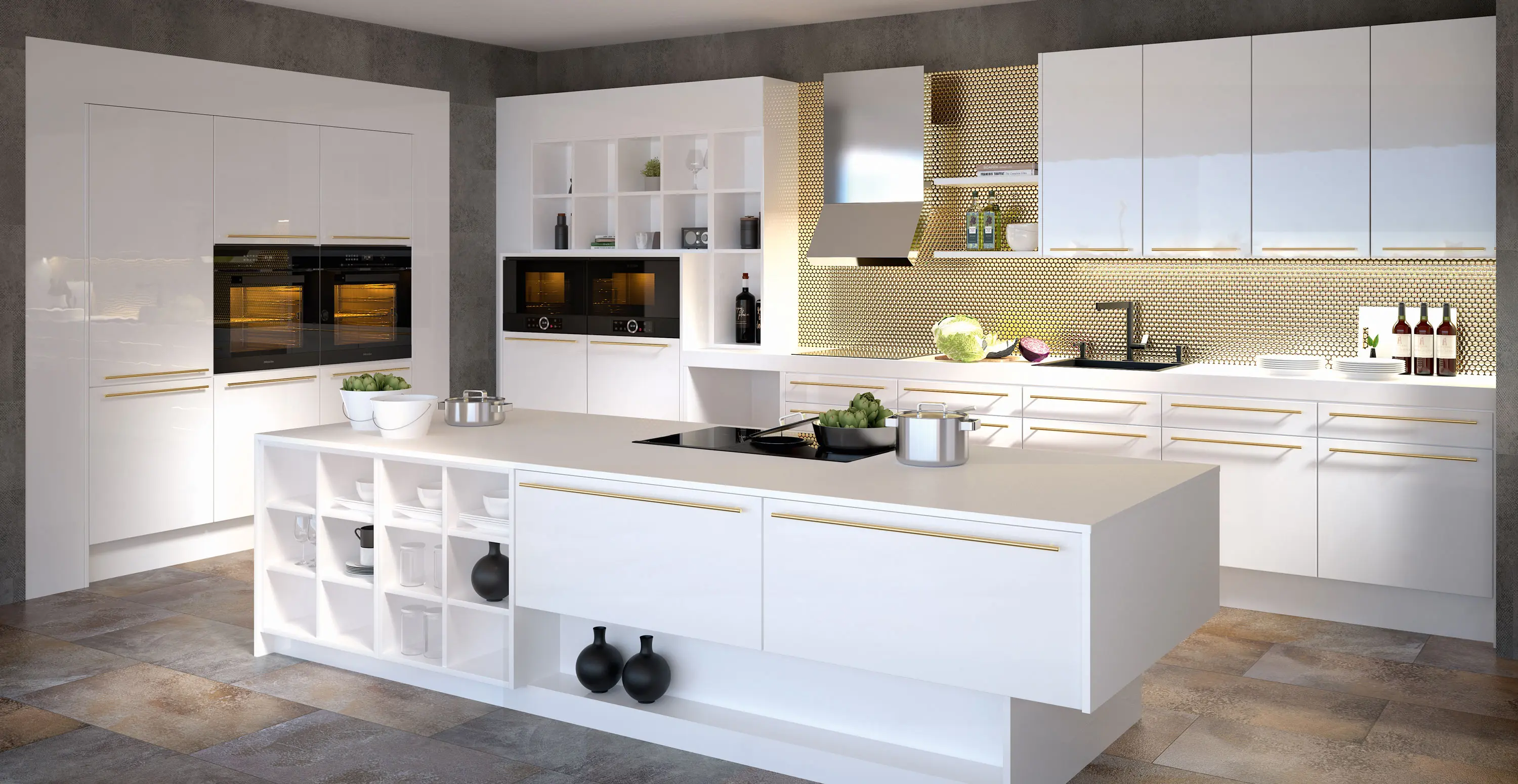 Kueche Weiß mit Goldrueckwand